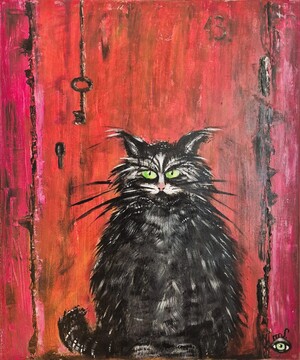 Hud maček, akril-platno, 50x60 cm, 2025, Marcela Kopitar